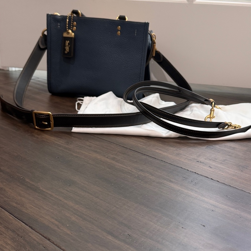 Coach Rogue 25 Regenerative Leather- Navy Blue Satchel with Gold Accents - Picture 4 of 13